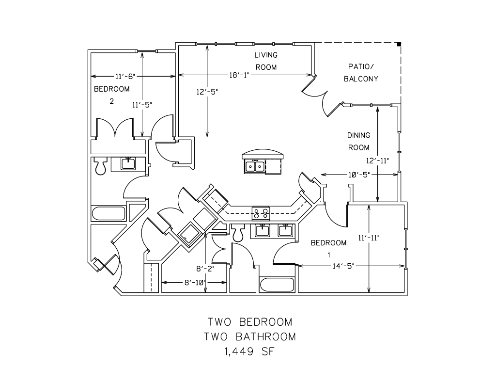 Floor plan for 2 beds, 2 baths, 1449 sqft